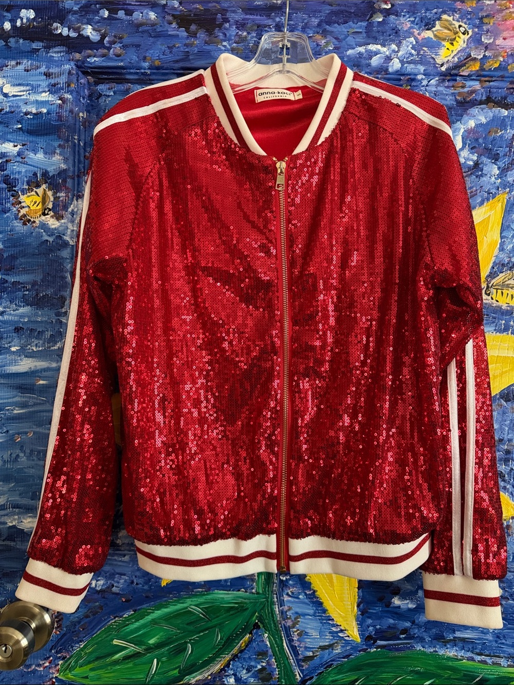 Anna-kaci Cherry Red Sequin Bomber Jacket with White Stripe Trim